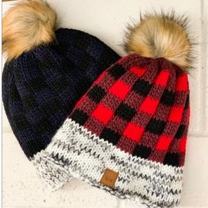 New Navy Buffalo Plaid Hat with Pom Pom